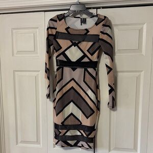 Fire Los Angeles Black and Tan Geometric Long Sleeve Dress